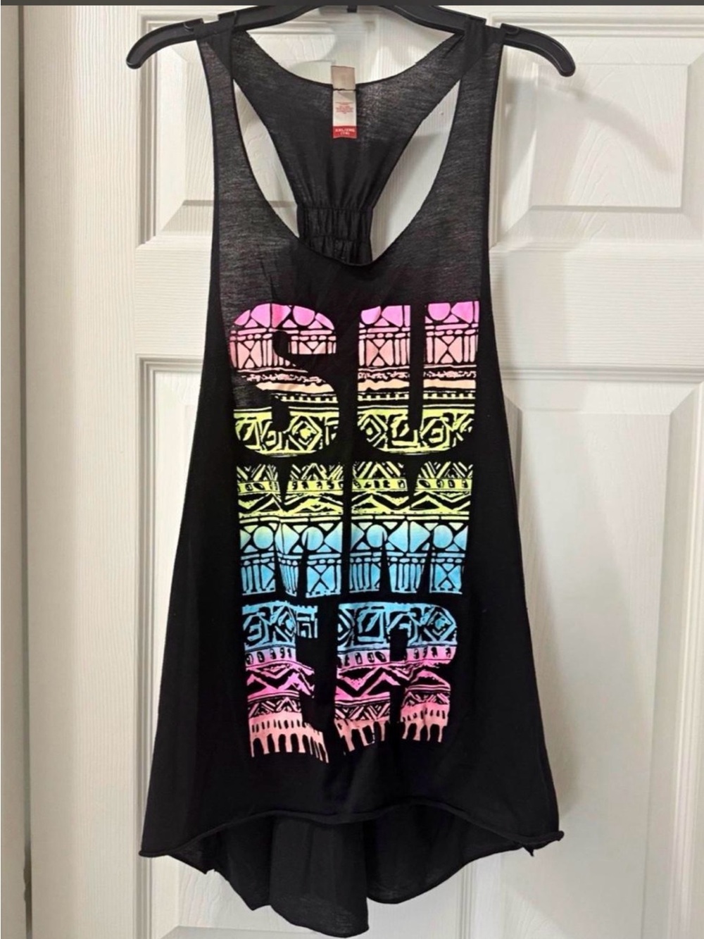 No Boundaries Black Racerback Tank with Neon Aztec Stripe Graphic